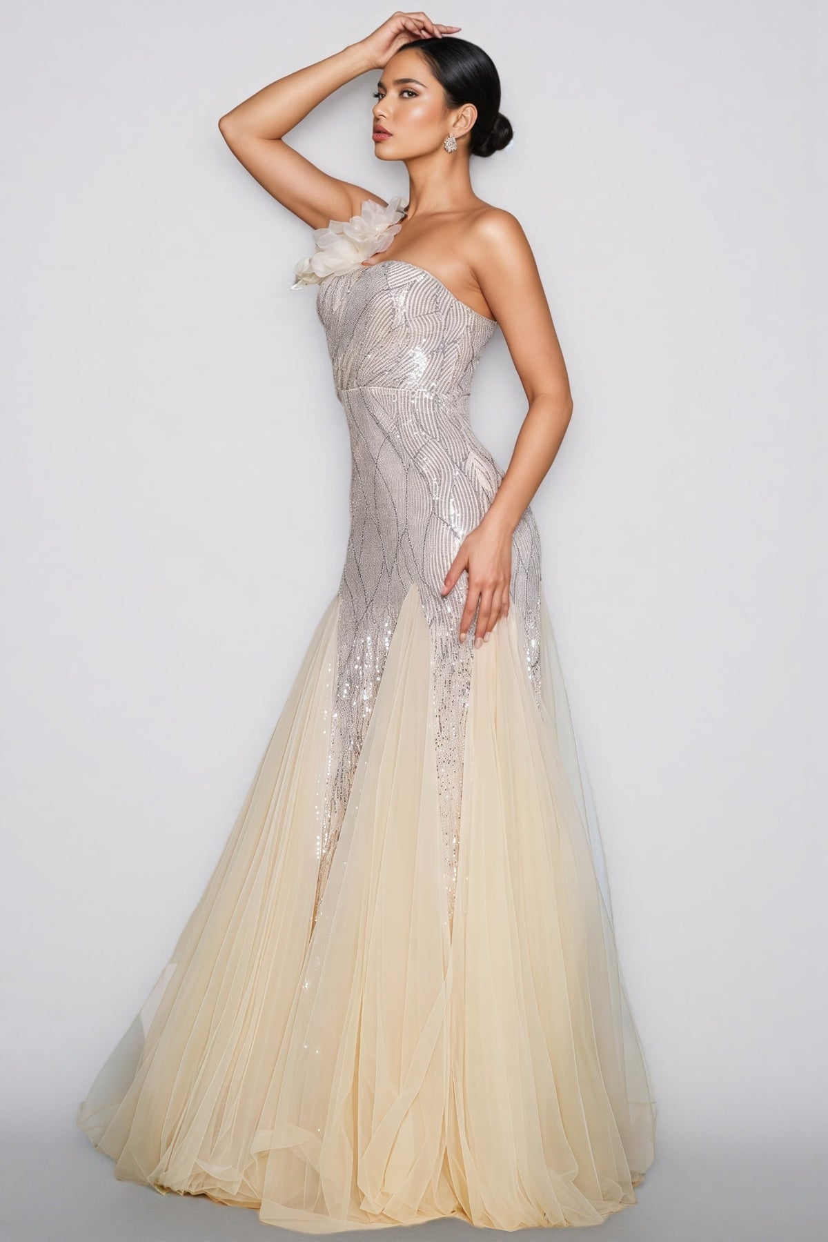Sequin One Shoulder Floral Applique Tulle Godet Mermaid Maxi Gown - View 4