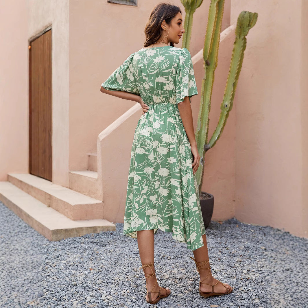V-Neck Flutter Sleeve Floral Fit and Flare Midi Dress - View 3