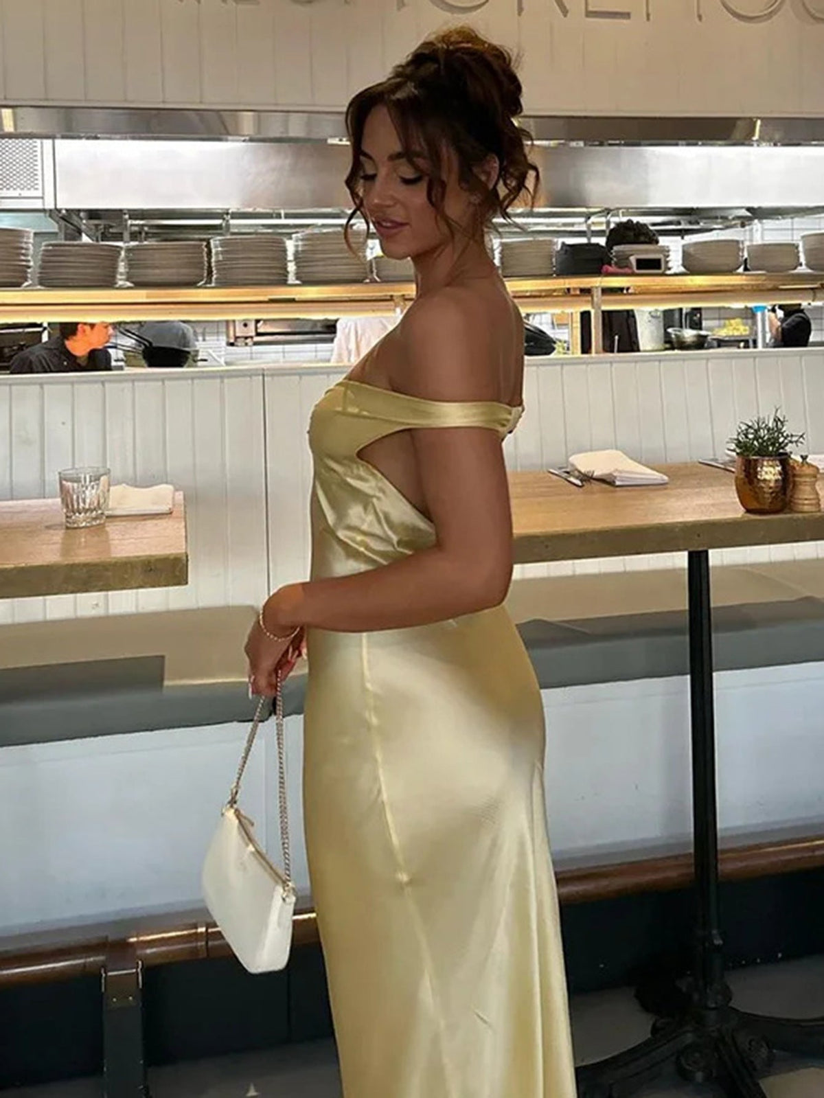 Off Shoulder Sweetheart Twist Front Satin Maxi Dress 12