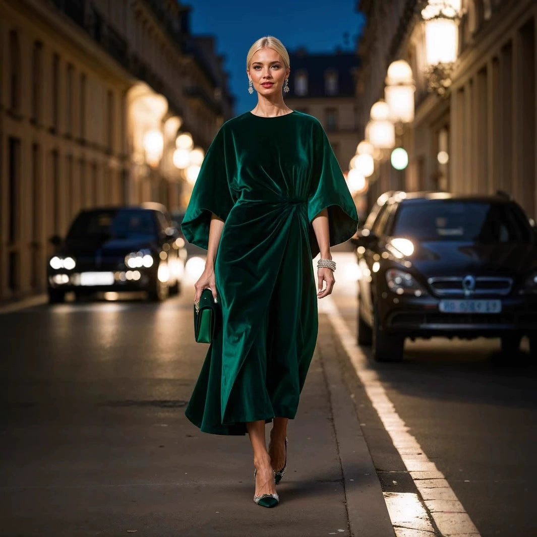 Velvet Round Neck Batwing Sleeve Side Twist Ruched Midi Cocktail Dress - View 6