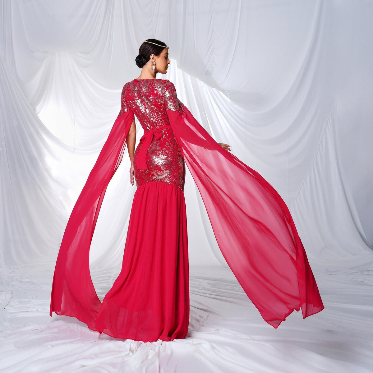 Sequin Round Neck Cape Sleeve Beaded Mermaid Evening Gown - View 5