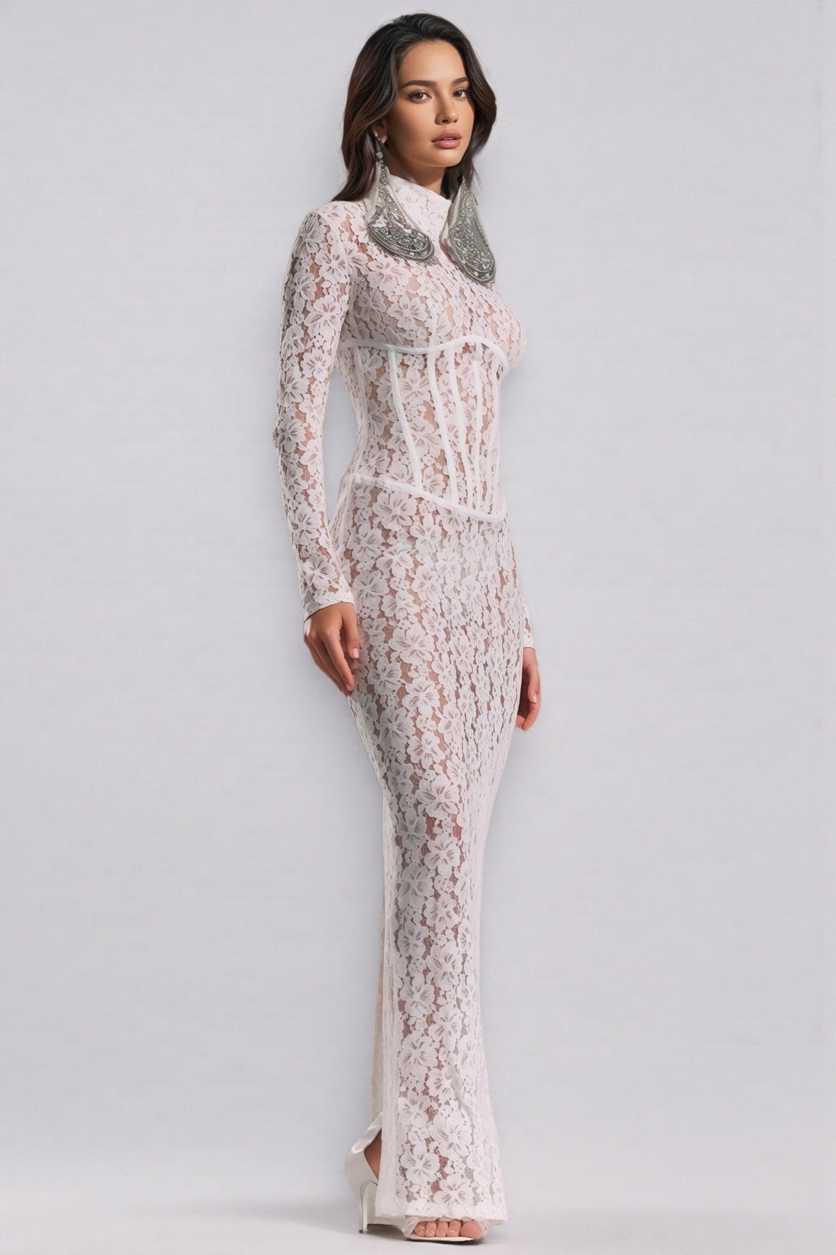 Davina White Lace Floral Maxi Dress - View 2