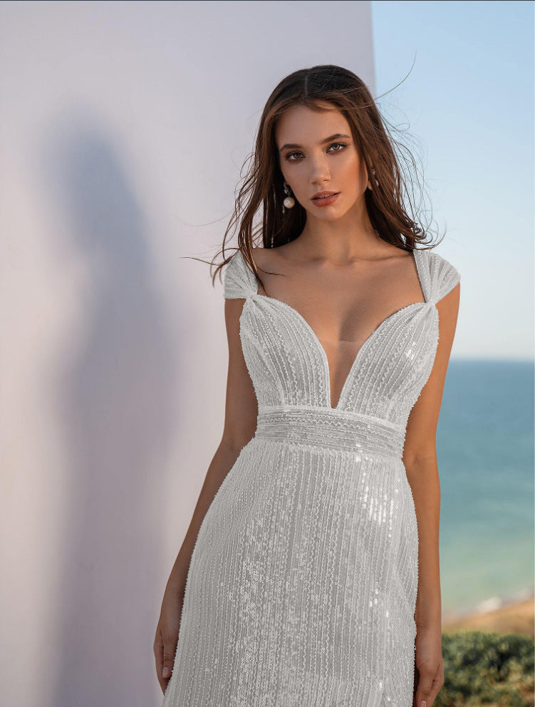 Sequin Deep V-Neck Wrap Waist High Split Train Maxi Gown - View 2