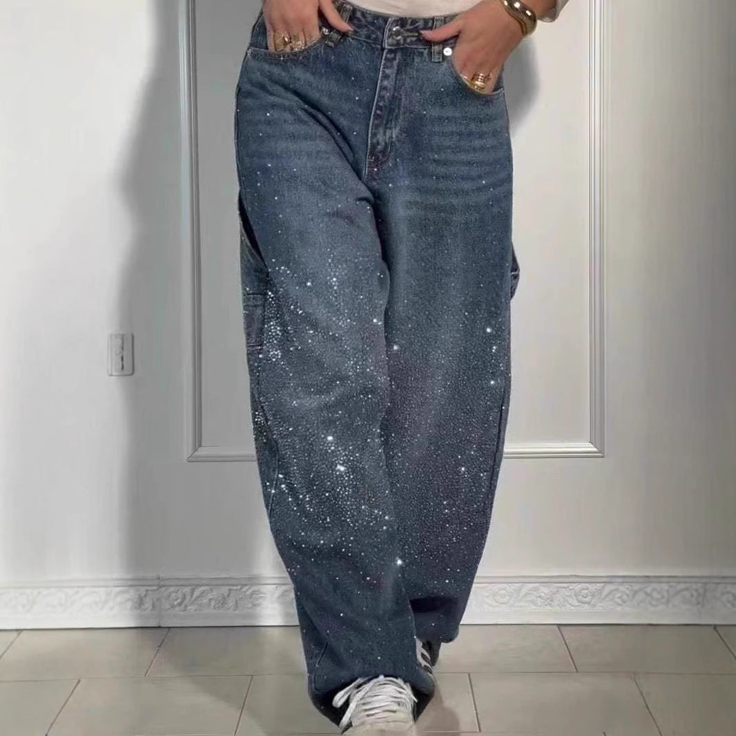Rhinestone Embellished High Waist Wide Leg Jeans 6
