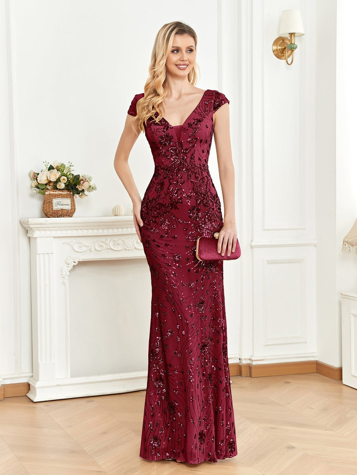 Sequin V-Neck Cap Sleeve Mermaid Evening Gown - View 4