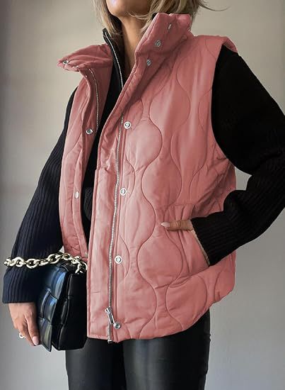 Stand Collar Zip Snap Front Quilted Puffer Vest 11