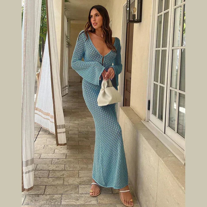 Open Knit Crochet Deep V-Neck Keyhole Bell Sleeve Bodycon Maxi Dress - View 7