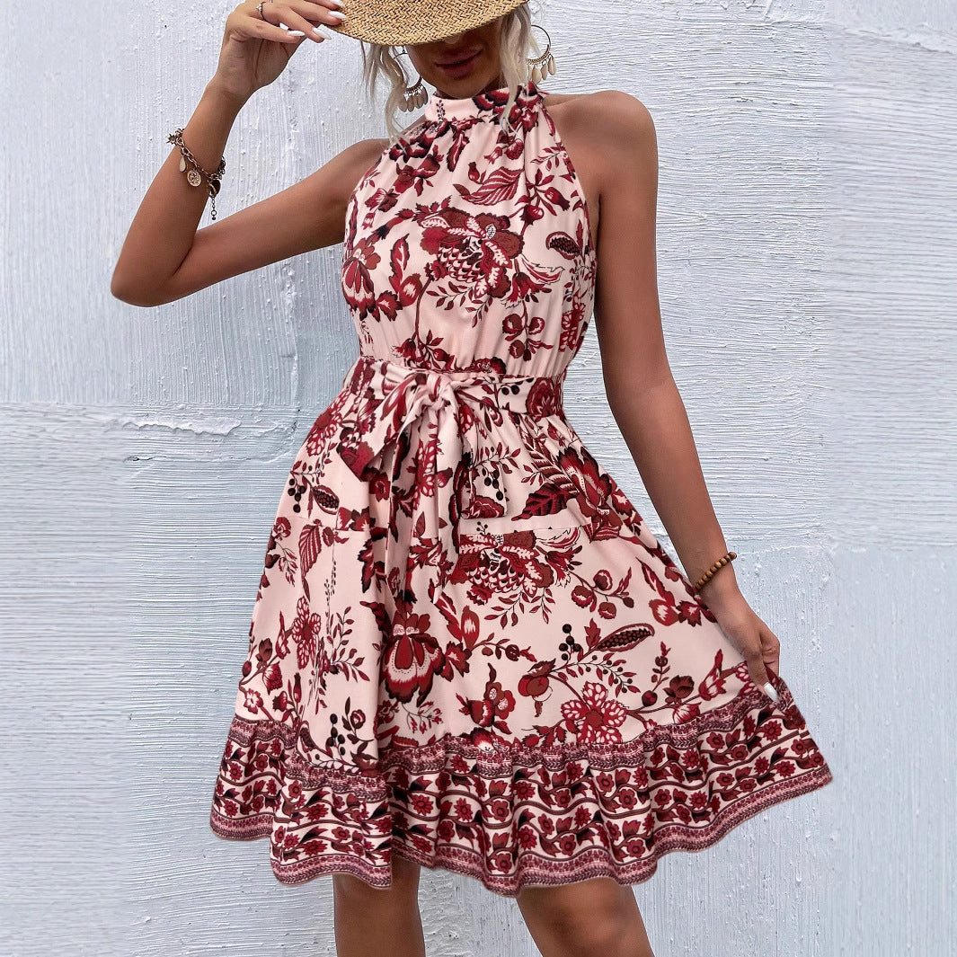Floral Halter Neck Tiered Ruffle A-Line Summer Mini Dress - View 3