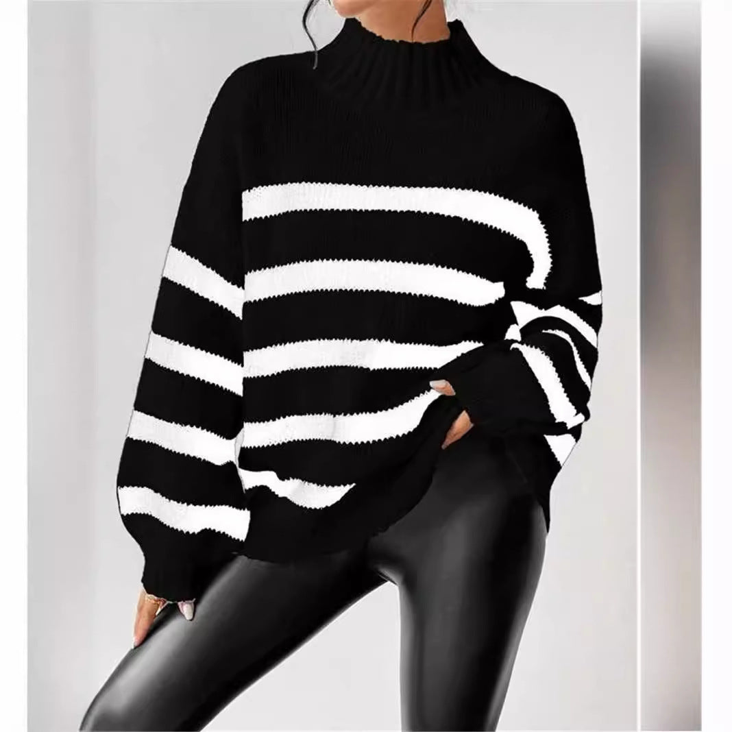 Striped Mock Neck Long Sleeve Oversized Sweater 4