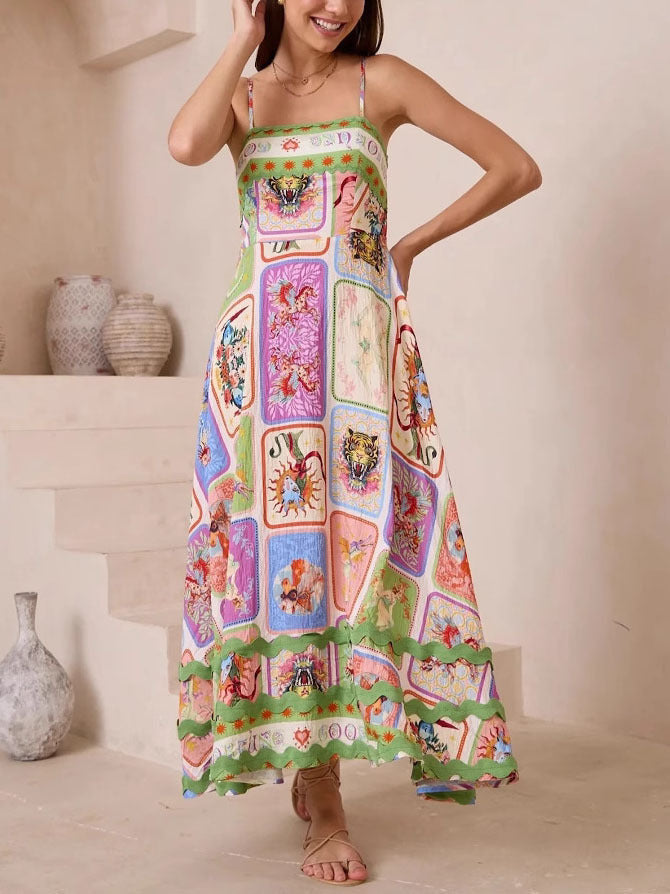 Unique Painted Print Sleeveless Lace Maxi Dress