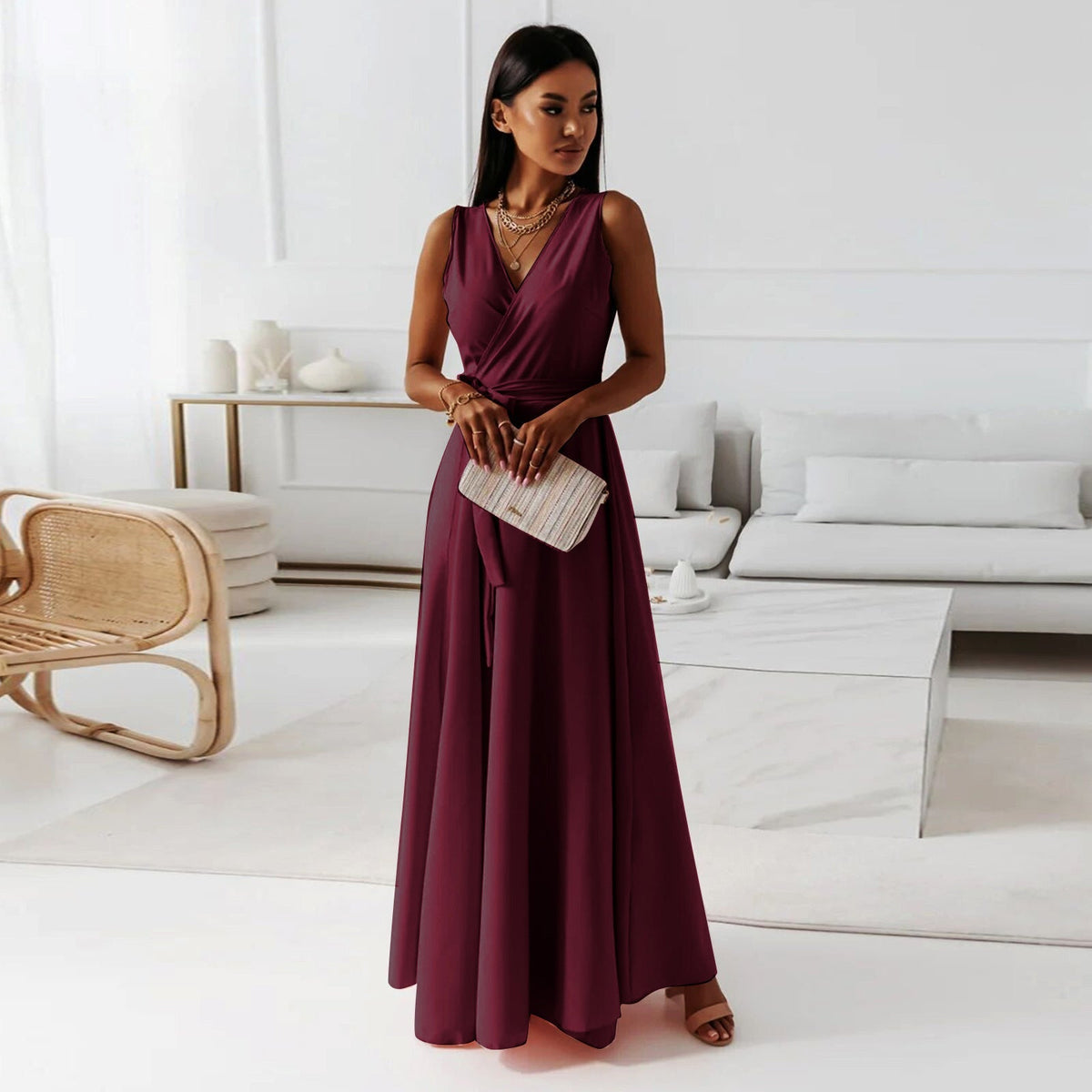 Sleeveless V-Neck Wrap Tie Waist Bow Sash Flowy Maxi Gown - View 3
