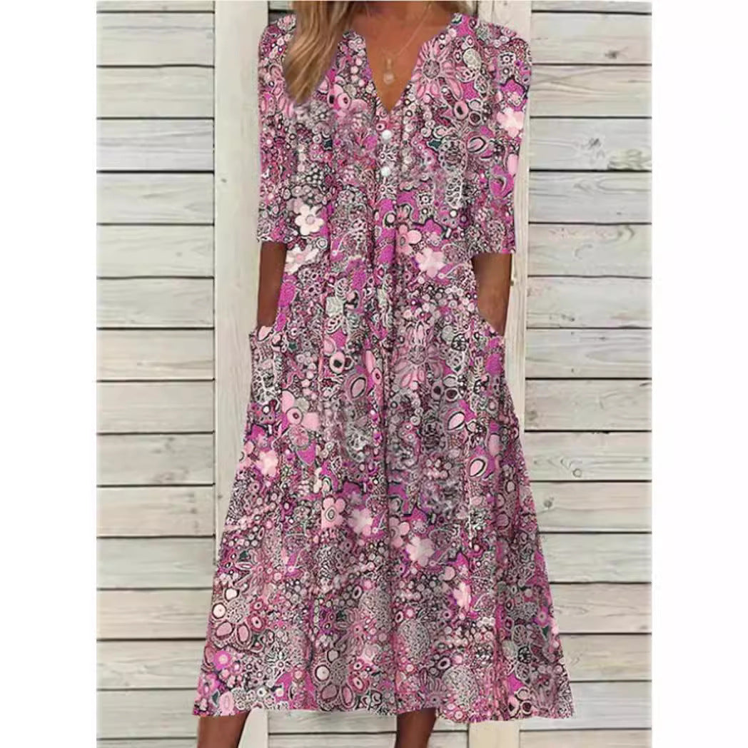 Floral Print V-Neck Button Half Sleeve Patch Pocket A-Line Midi Dress - View 3