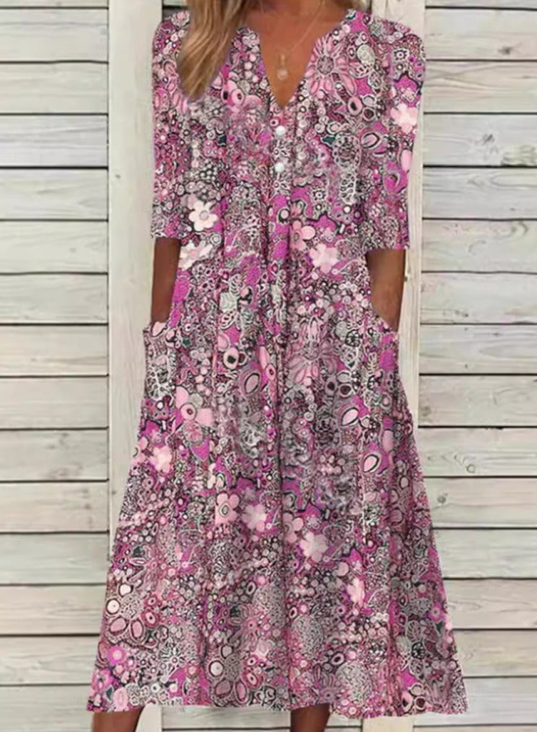 Bohemian Floral Print Deep V-Neck Button Placket Pocket Dress - View 3