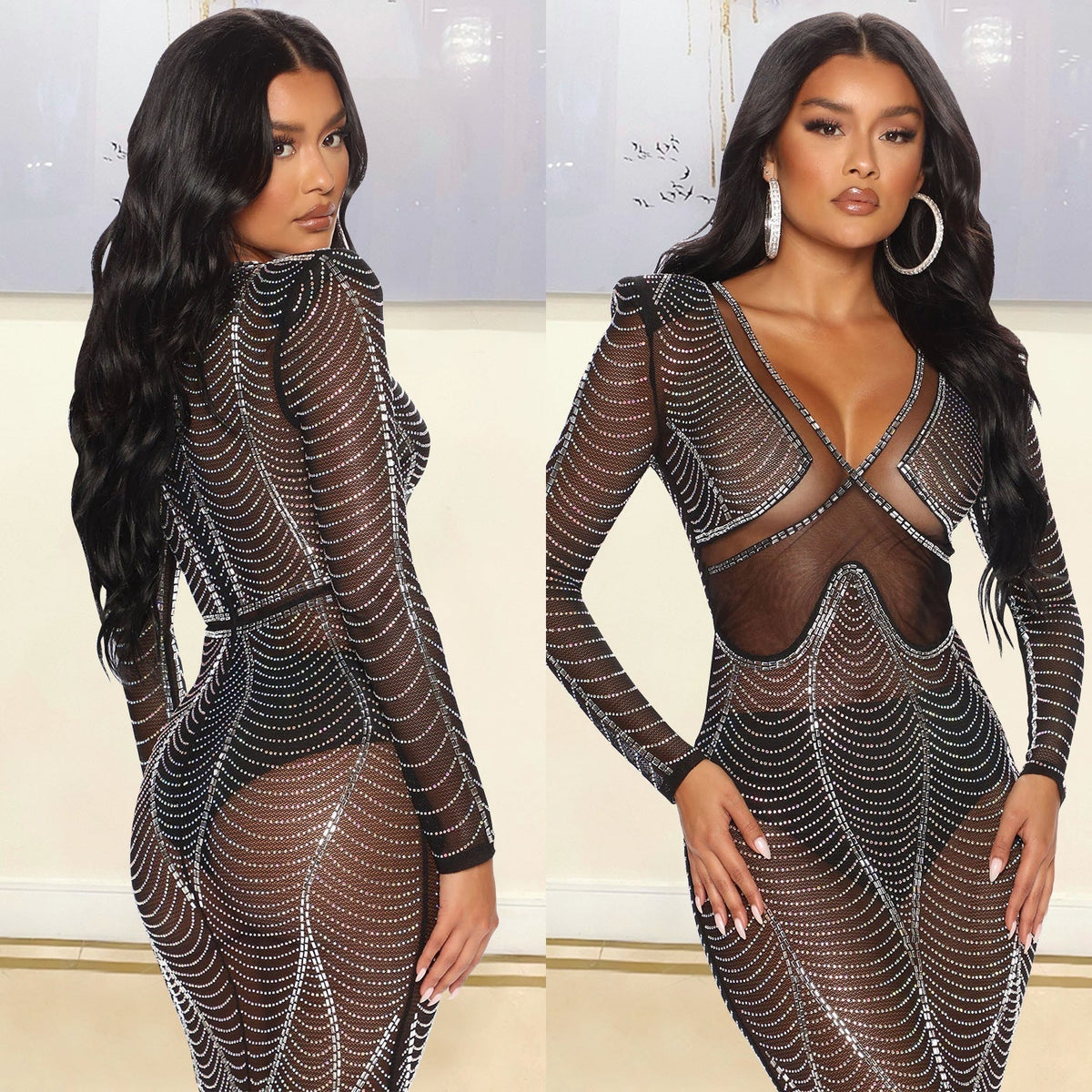 Rhinestone Mesh Deep V-Neck Long Sleeve Maxi Gown