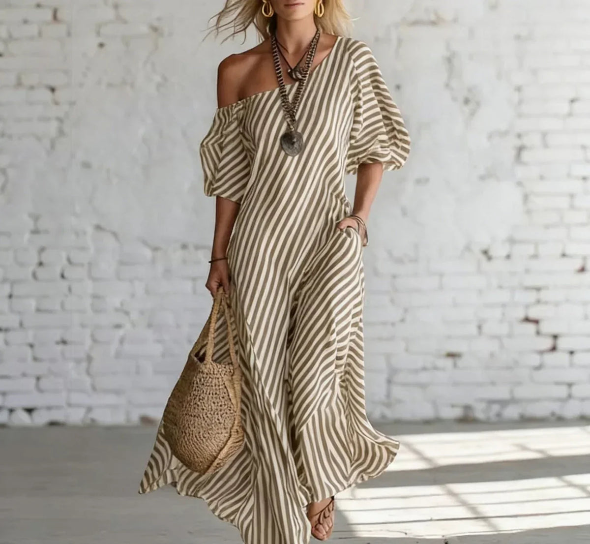 Striped One Shoulder Half Sleeve Loose Maxi Dress 3