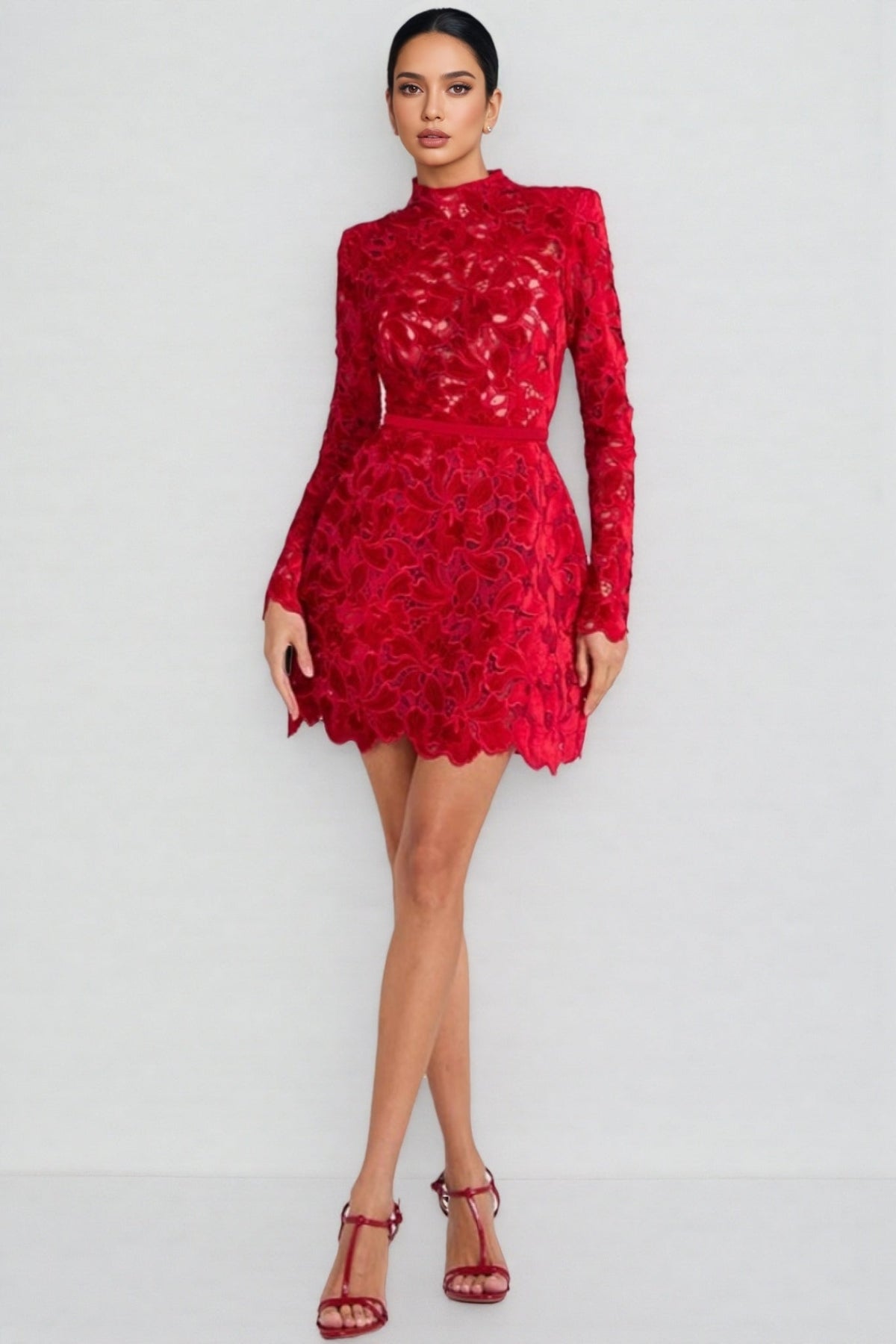 Beni Long Sleeve Lace Mini Dress-Red - View 3