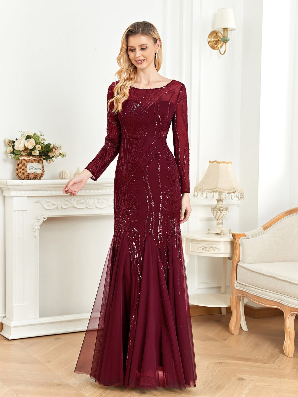 Sequin Crew Neck Long Sleeve Tulle Mermaid Maxi Gown - View 3