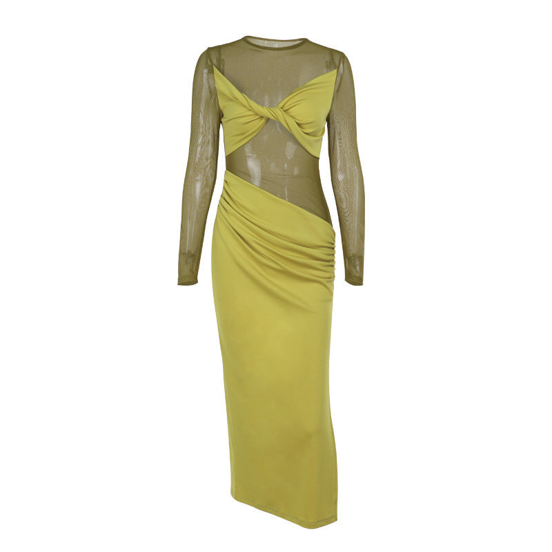 Mesh Stitching Sheer Long Sleeve Maxi Dress - View 5