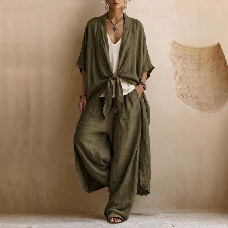 Linen Tie Front Kimono and Wide Leg Pants Two Piece Set 2