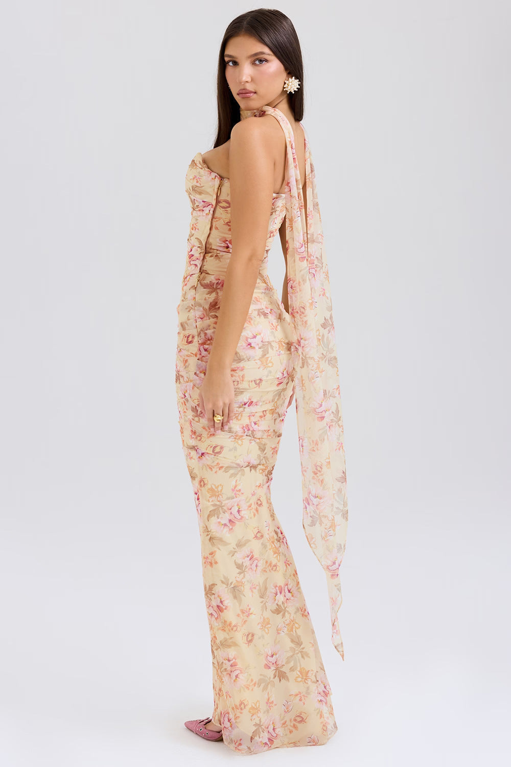 One Shoulder Draped Sash Ruched Fishtail Maxi Gown - View 23