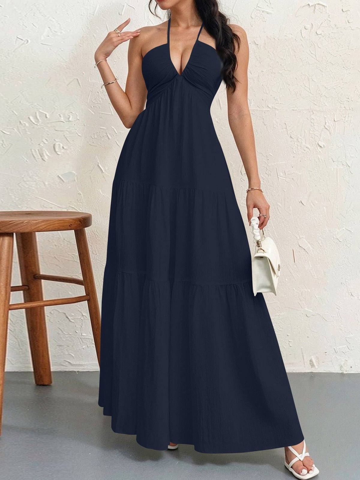 Halter Neck Deep V-Neck Tiered Maxi Dress 5