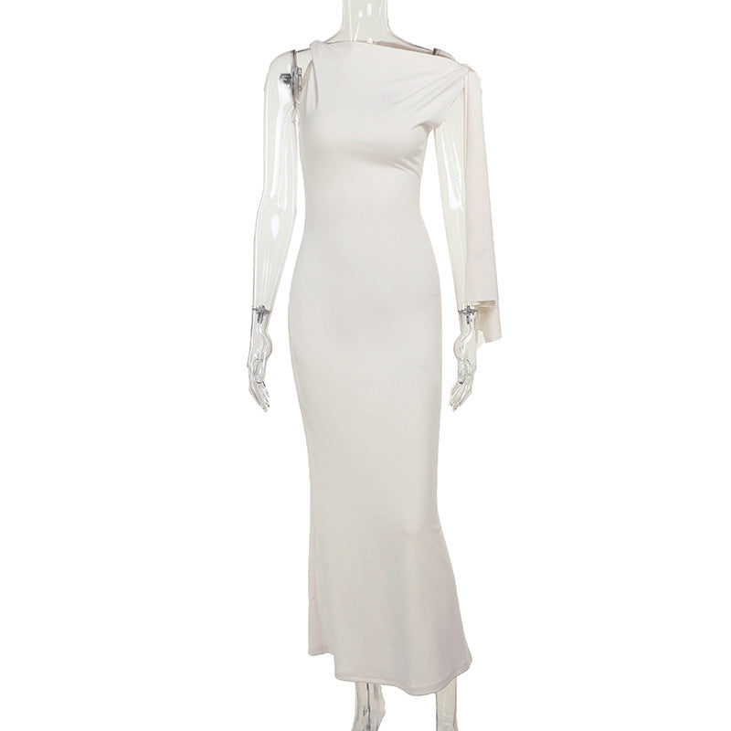 Sleeveless High Neck One Shoulder Tie Sash Bodycon Column Gown - View 7