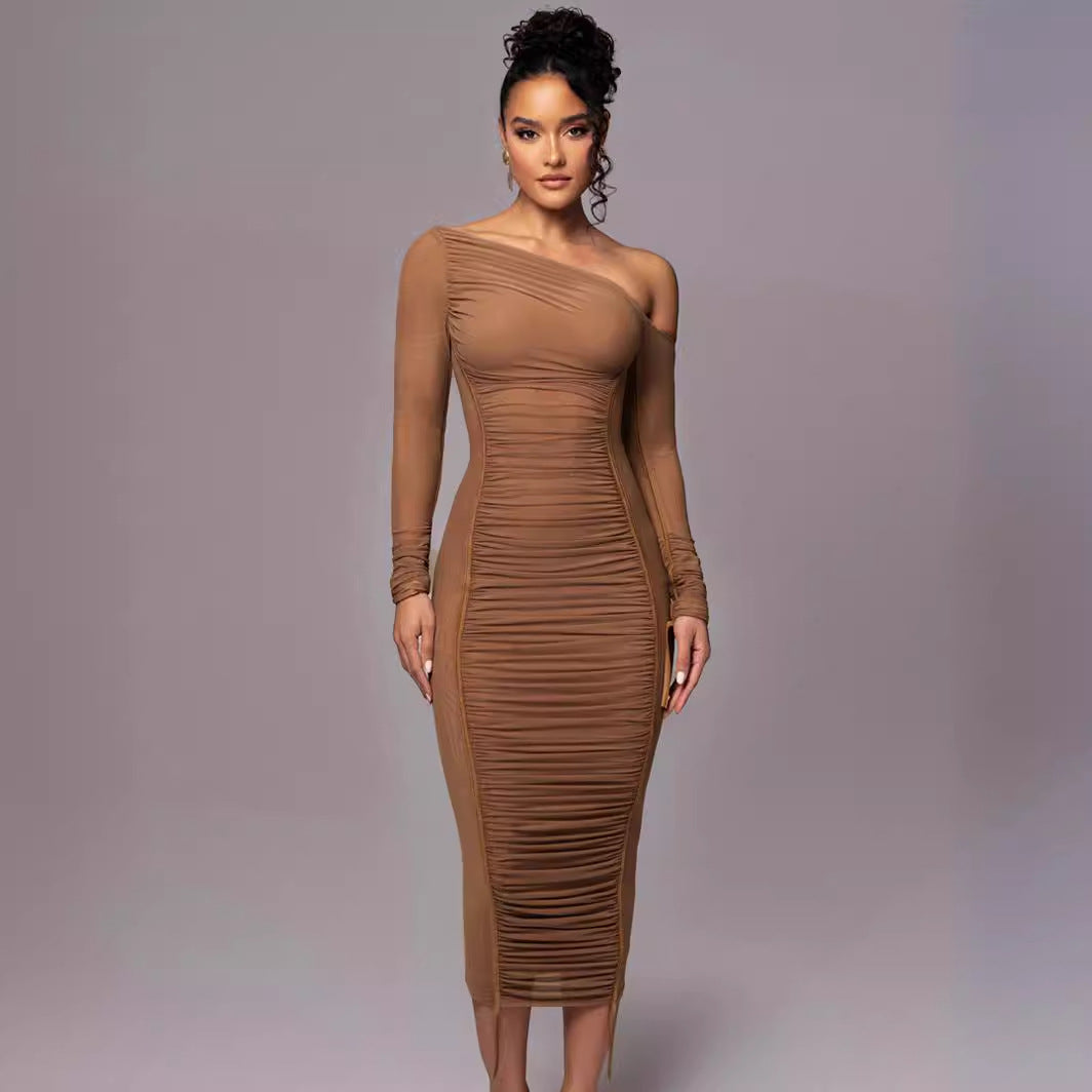 One Shoulder Long Sleeve Ruched Bodycon Maxi Dress 3