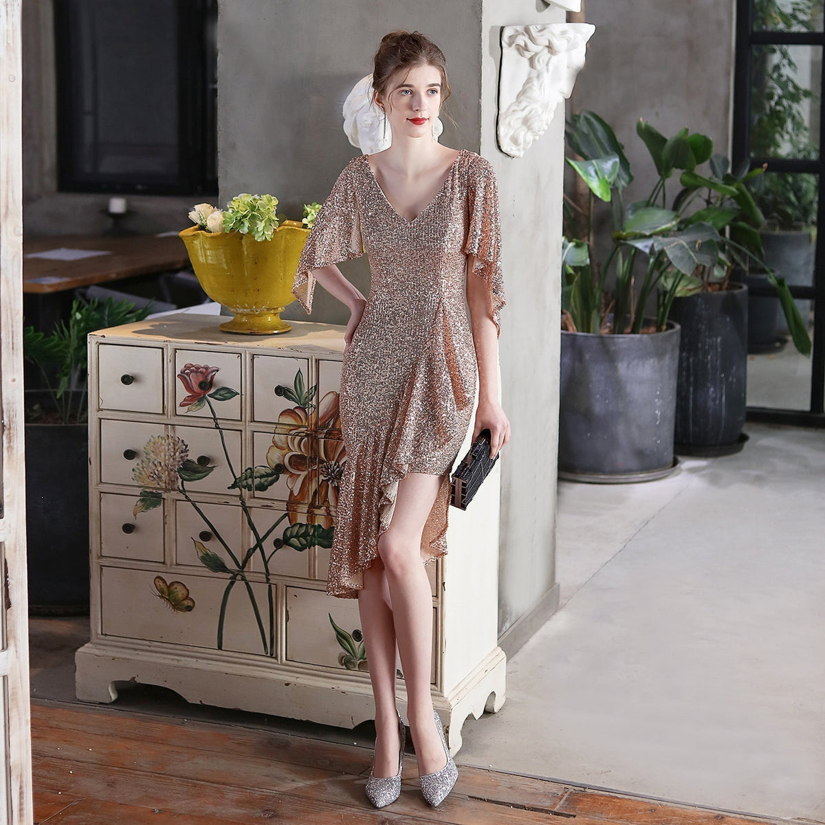 Sequin V-Neck Flutter Sleeve High Low Asymmetric Cocktail Dress - View 6