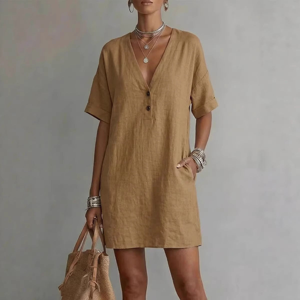V-Neck Short Sleeve Button Front Shift Mini Dress 2