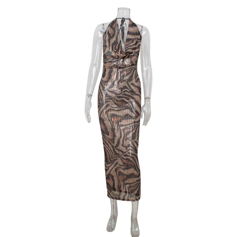 Leopard Print Sequin Halter Neck Deep V-Neck Backless Maxi Dress - View 2