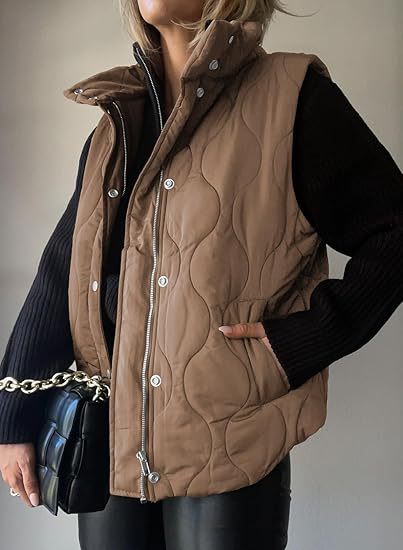 Stand Collar Zip Snap Front Quilted Puffer Vest 8