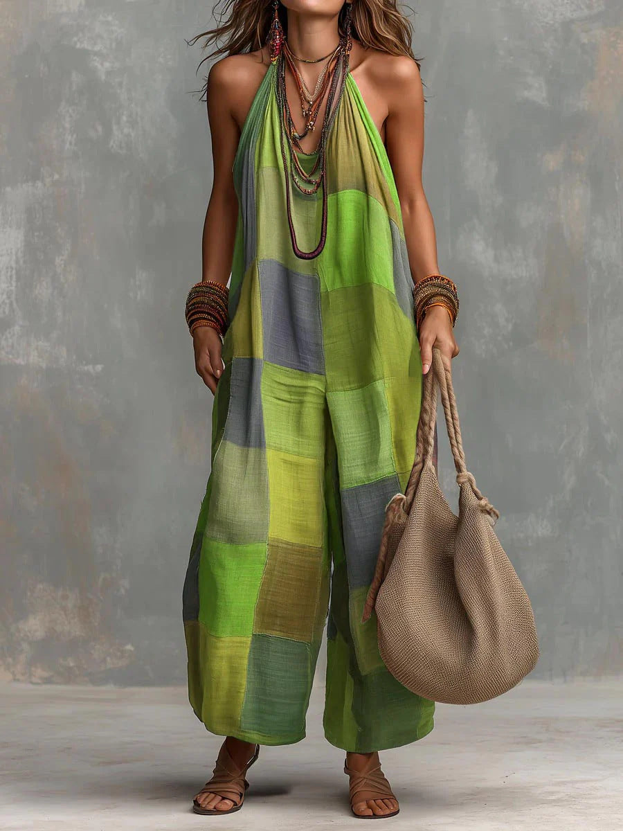Colorblock Patchwork Halter Neck Wide Leg Jumpsuit 2