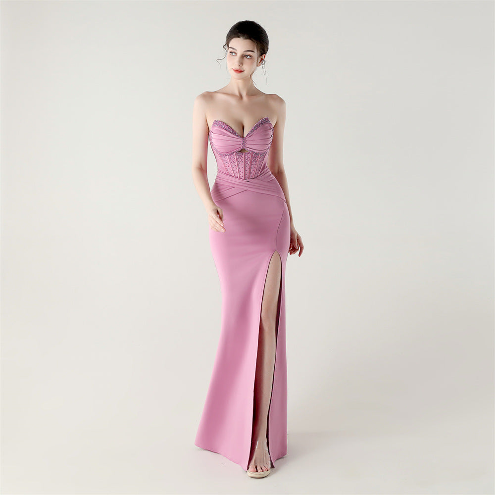 Strapless Sweetheart Corset Ruched High Split Mermaid Gown - View 9
