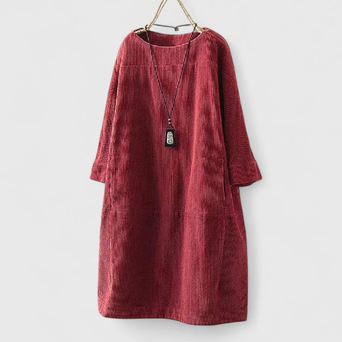 Corduroy Round Neck Long Sleeve Pocket Shift Dress 7