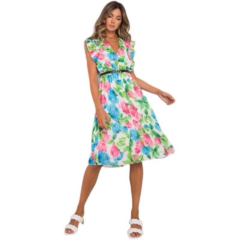 Floral V-Neck Flutter Sleeve Belted Pleated Midi Dress - View 5