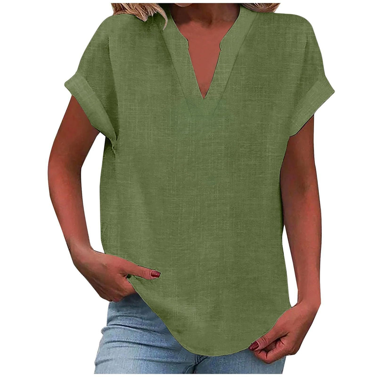 Split V-Neck Short Sleeve Linen Blouse 14