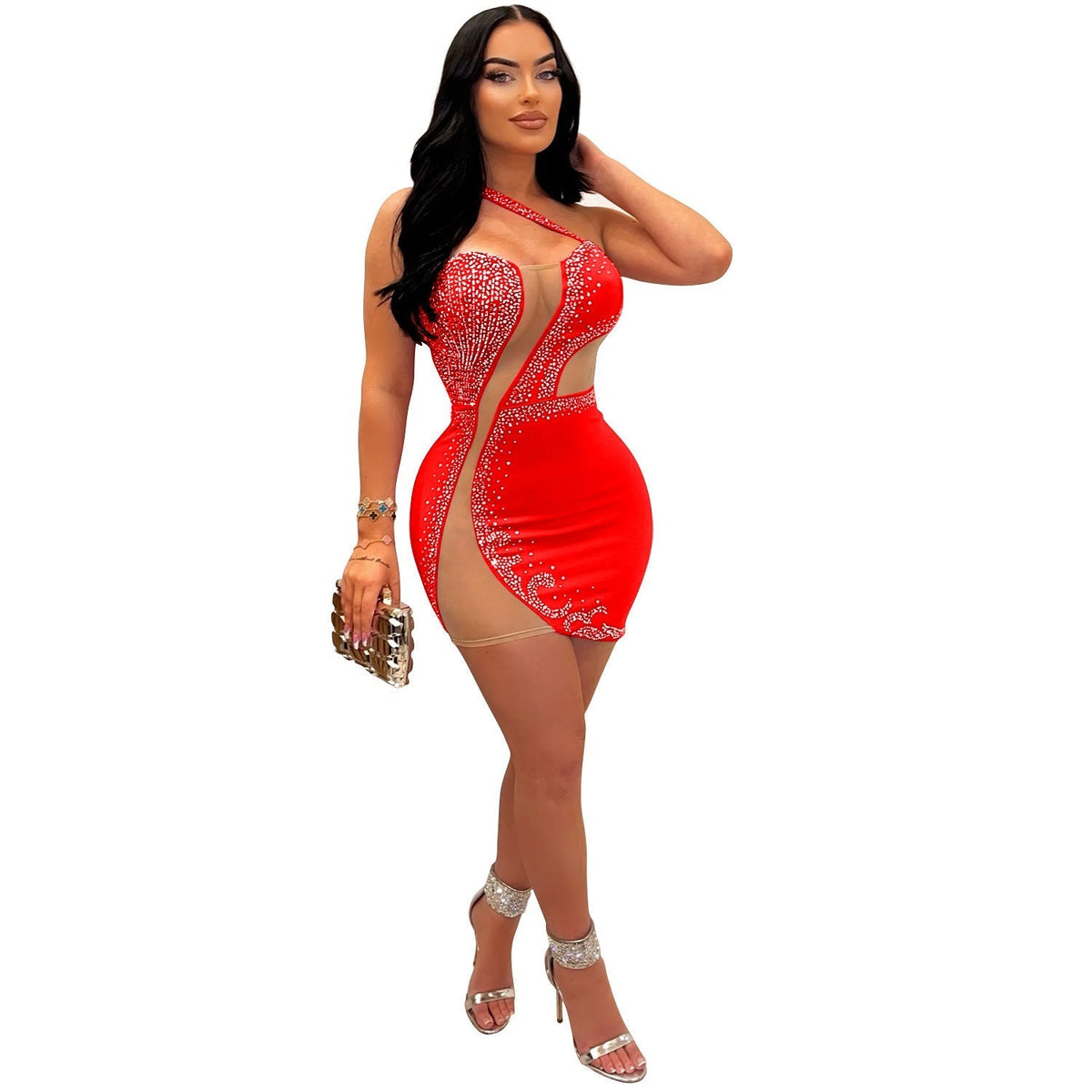 Rhinestone One Shoulder Mesh Cut Out Bodycon Mini Dress - View 3