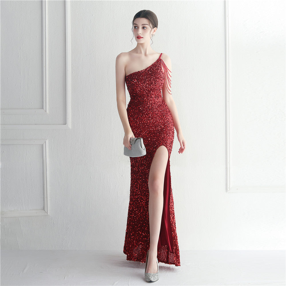 Sequin Beaded One Shoulder High Split Mermaid Gown - View 4