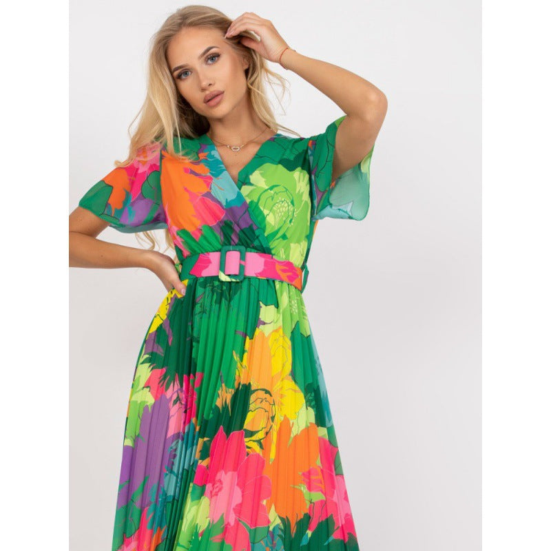 V-Neck Short Sleeve Floral Pleated Belted Midi Dress - View 6