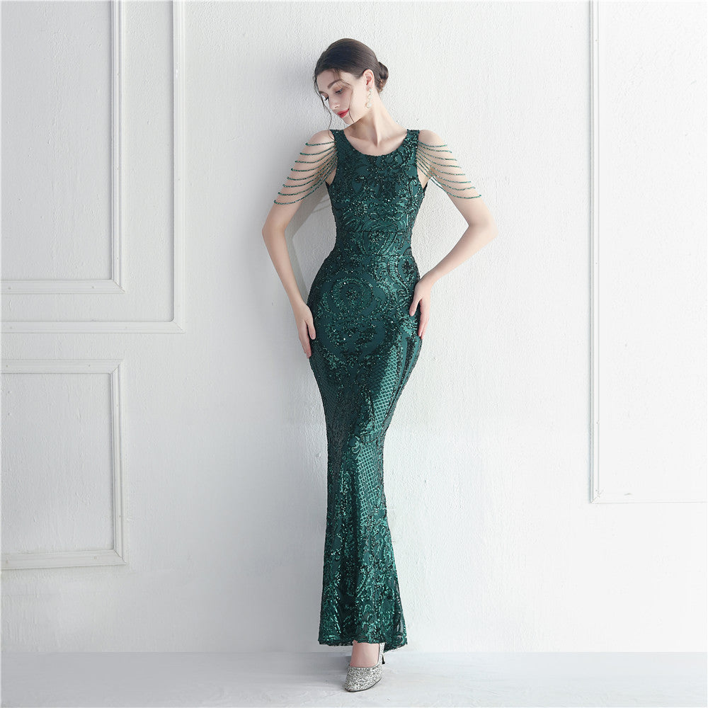 Sequin Beaded Round Neck Fringe Mermaid Maxi Gown - View 10