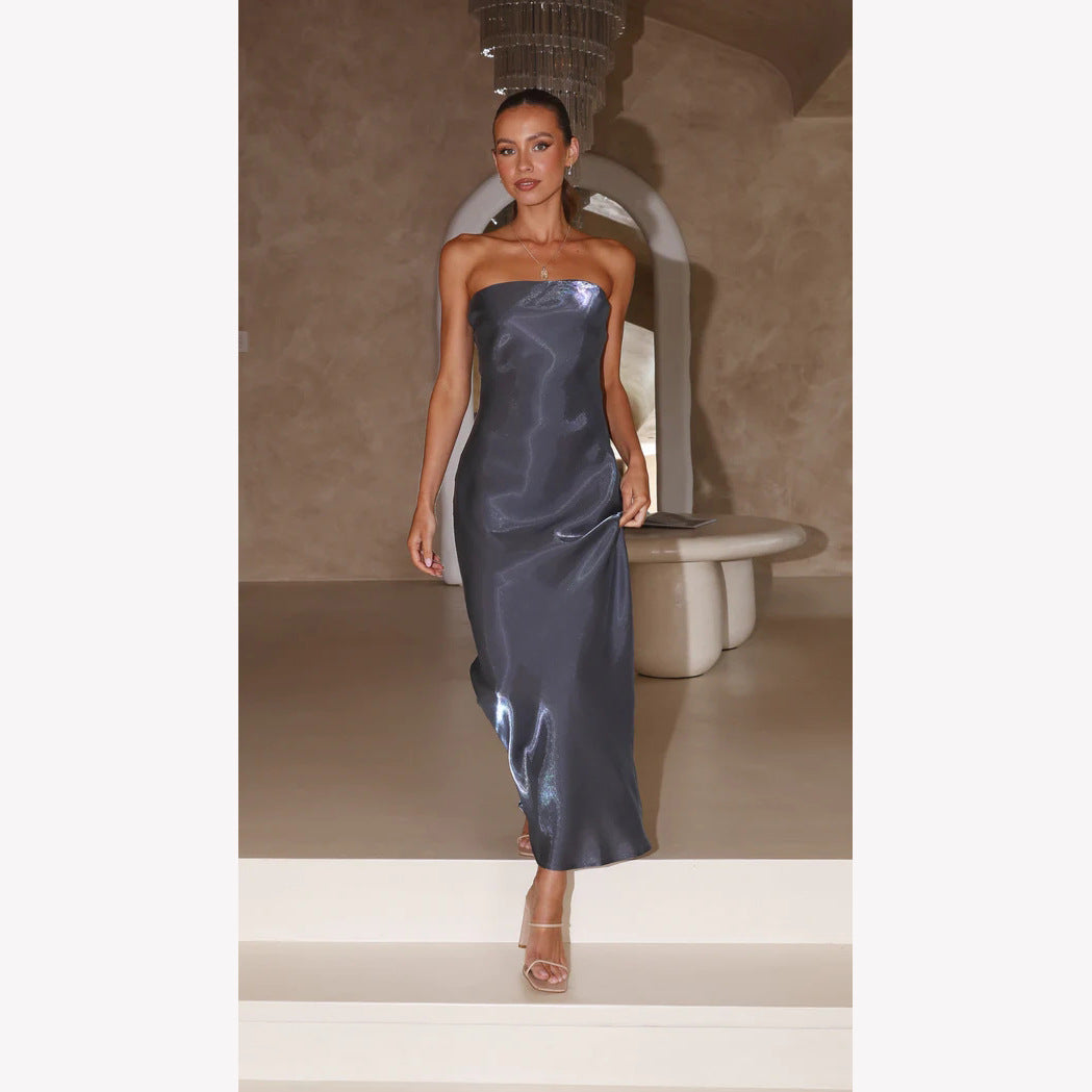 Strapless Bandeau Satin Column Bodycon Maxi Dress - View 6