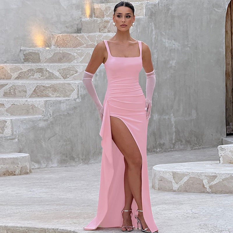 Square Neck Ruched High Split Bodycon Maxi Dress 17