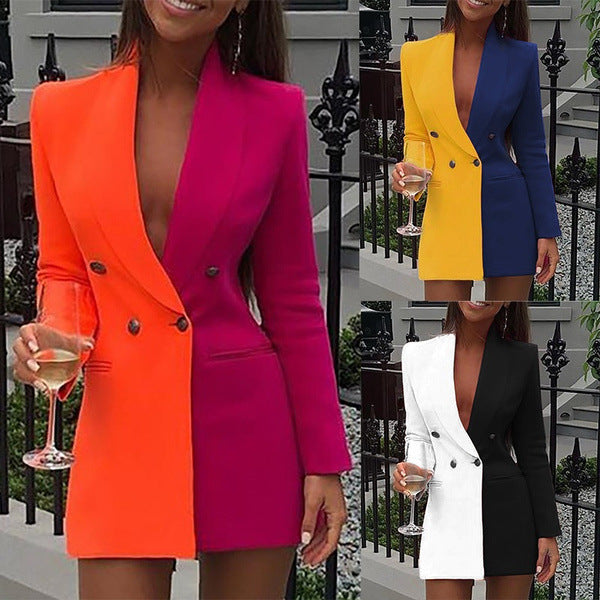 Double Breasted Flap Pocket Long Sleeve Deep V-Neck Blazer Mini Dress - View 2
