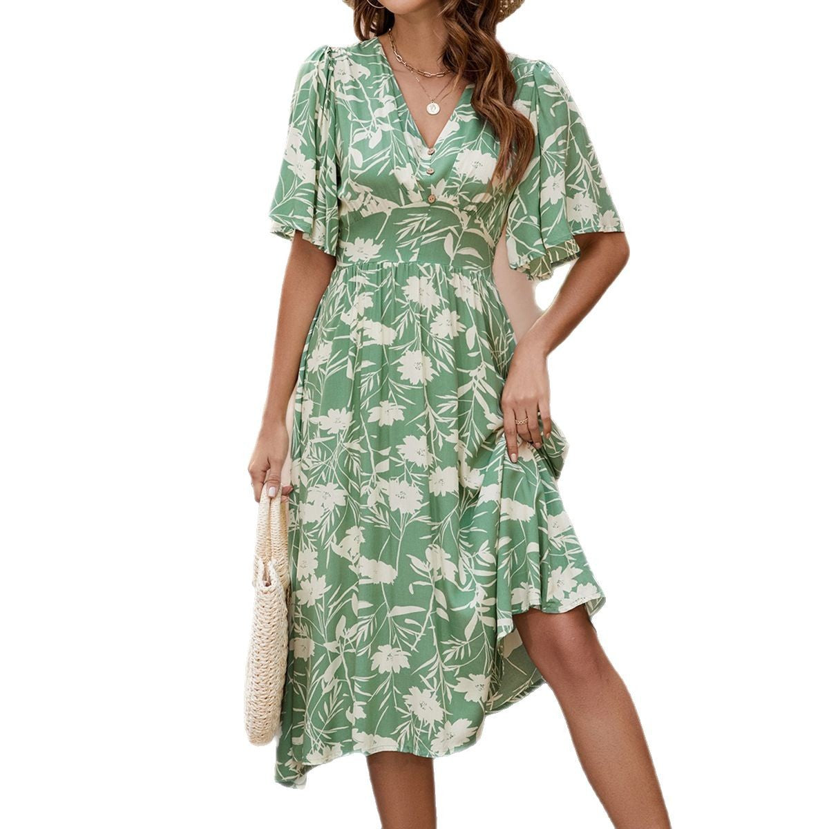 V-Neck Flutter Sleeve Floral Fit and Flare Midi Dress - View 5