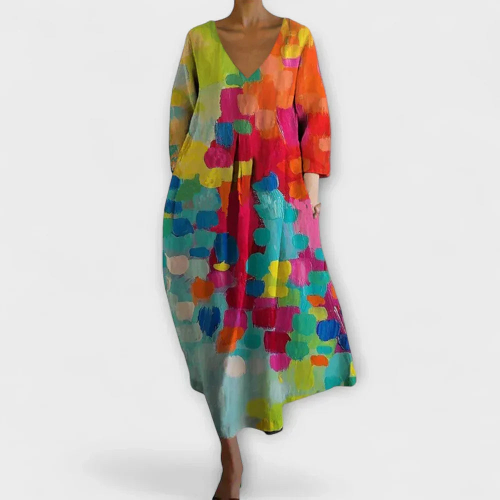 Abstract Print V-Neck Long Sleeve Oversized Midi Dress