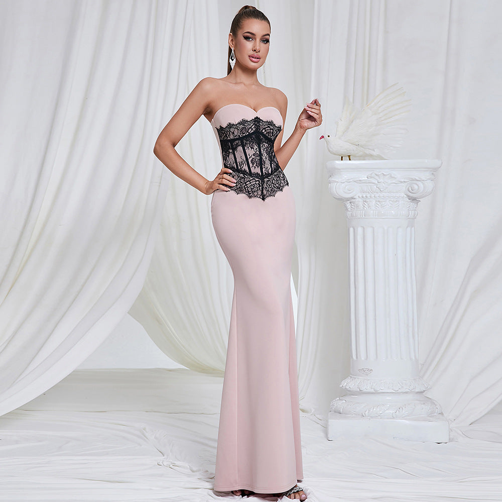 Tube Top Lace Contrast Color Slim Fit Patchwork Maxi Dinner Dress - View 2
