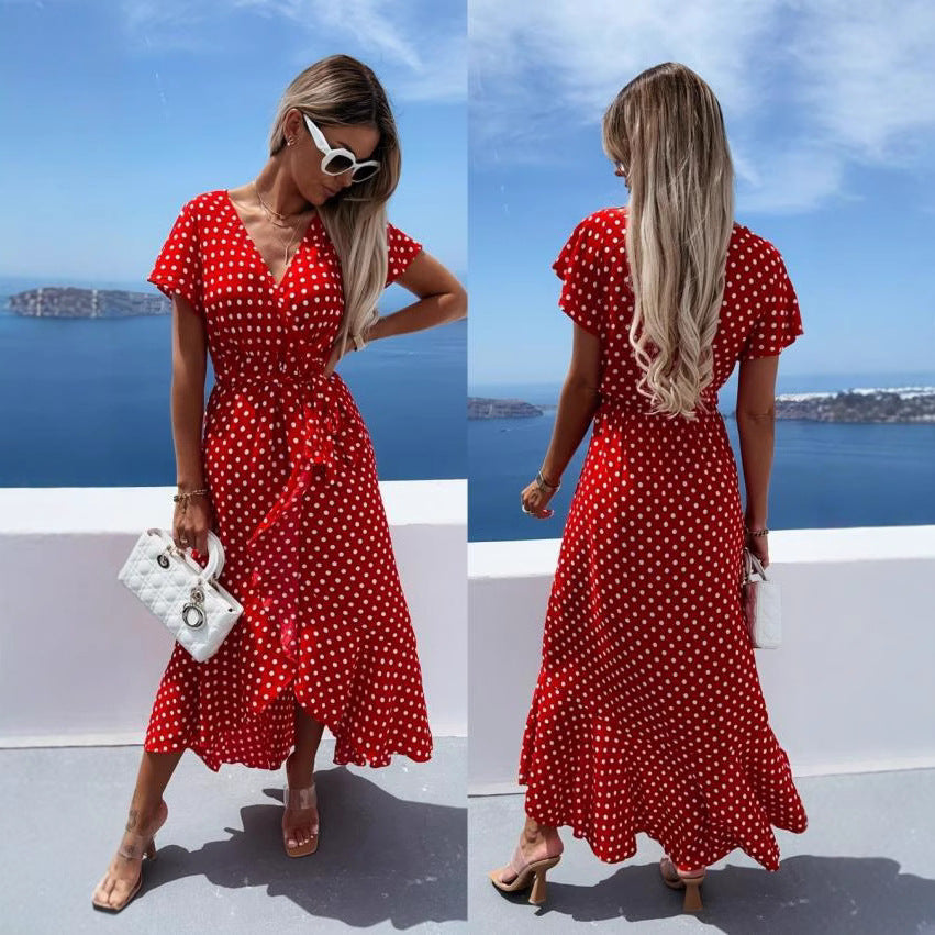 Polka Dot Wrap Deep V-Neck Short Sleeve Ruffle High Low Maxi Dress - View 2