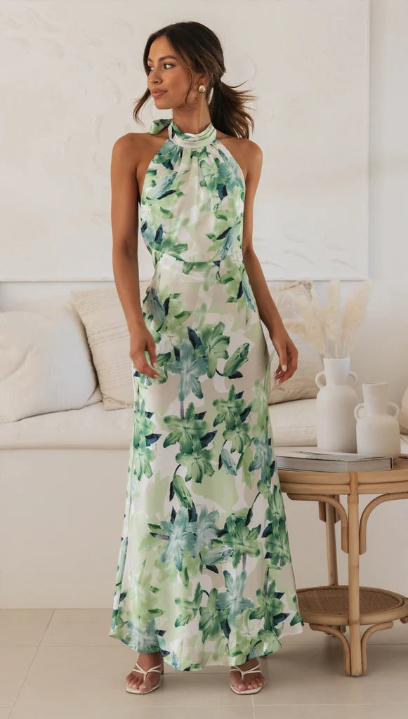 Years Personality Bandage Halter Lace up Backless Print Maxi Dress - View 2