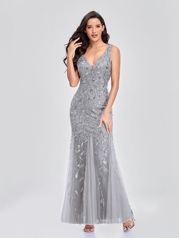Sequin Embroidered V-Neck Sleeveless Tulle Mermaid Gown - View 5