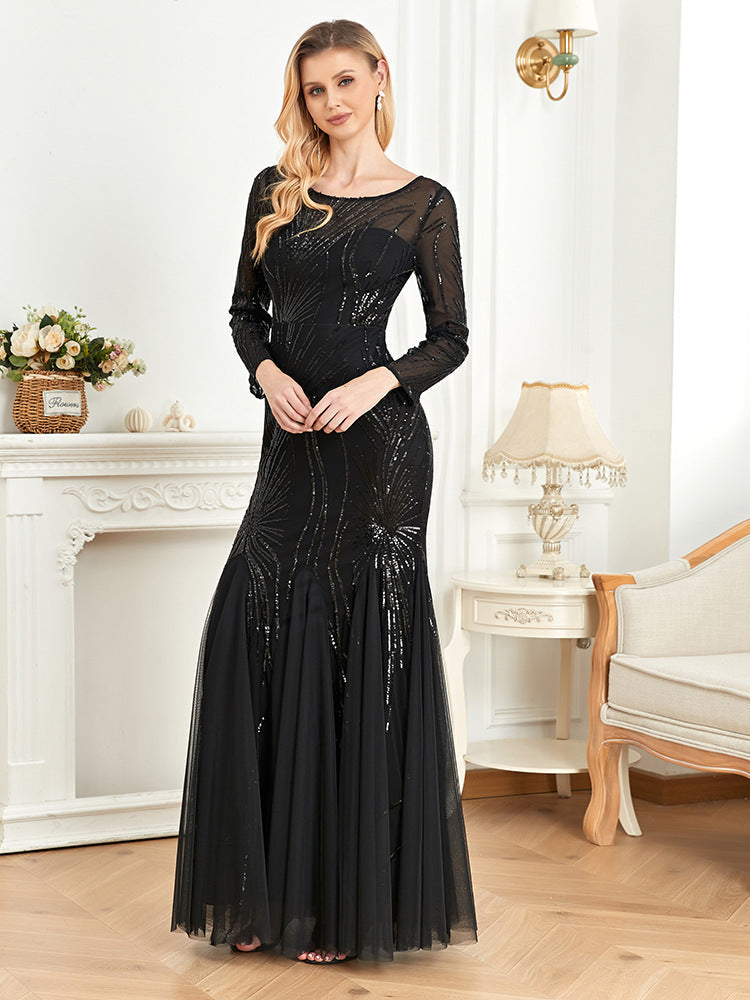 Sequin Crew Neck Long Sleeve Tulle Mermaid Maxi Gown - View 2